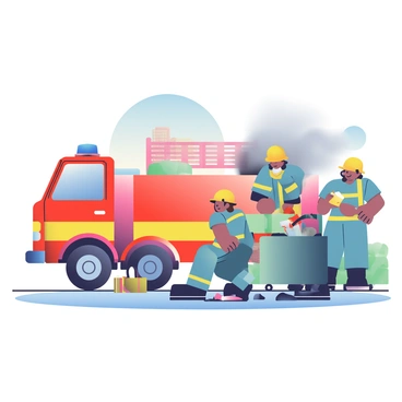 A red fire truck with a bright yellow stripe is parked next to a smoldering dumpster. The firefighters, wearing yellow helmets and blue uniforms, are gathered around the dumpster, assessing the situation. One firefighter is kneeling beside the dumpster, inspecting the source of the smoke, while another stands nearby holding a fire extinguisher. The area shows signs of recent activity with charred debris scattered around. In the background, an urban setting with brick buildings and a clear blue sky can be seen.