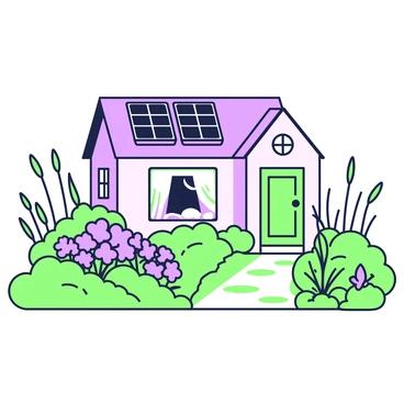 A cozy house is situated in a vibrant garden filled with native plants. The house is equipped with solar panels mounted on its roof. In the foreground, there are clusters of blooming flowers and various green shrubs that attract butterflies. Additionally, a pathway made of stepping stones winds through the garden, leading to the entrance of the house. Flanking the pathway, tall grasses sway gently in the breeze, completing the inviting atmosphere of the scene.