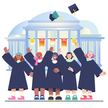 A group of five happy graduates is standing in front of a large university building. They are wearing traditional black graduation gowns and caps. Each graduate is smiling widely and is in the act of tossing their caps into the air. The caps are soaring upwards against a clear blue sky. Behind them, the university building features tall columns and large windows, with banners celebrating graduation hanging from the facade. The graduates represent diverse backgrounds, showcasing a variety of hairstyles and accessories. The atmosphere is lively and filled with joy.