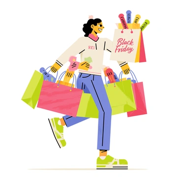 A smiling shopper with a cheerful expression is walking down a busy street. She is carrying multiple colorful shopping bags, each filled with various items from Black Friday purchases. The bags are decorated with festive patterns and bright colors, including red, green, and blue. In one hand, she holds a large bag with the words "Sale" printed in bold letters. The scene captures the excitement of the shopping experience during the holiday season.