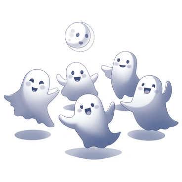 A group of friendly ghosts is dancing in a circle. The ghosts have soft, flowing shapes and gently smiling faces, embodying a playful and cheerful demeanor. They are surrounded by a soft glow that highlights their translucent features as they move in a rhythmic motion. Above them, the moon hangs in the night sky, casting a gentle light that illuminates the scene, creating playful shadows on the ground. The atmosphere is lively, with the ghosts appearing to be in harmony as they glide gracefully around the circle.