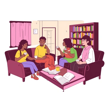A group of six people is seated in a circle in a cozy living room. They are smiling and engaging in conversation, each holding a cup of tea. The room has a warm ambiance, with soft lighting illuminating the space. A large bookshelf filled with colorful books is against one wall, while a small table in the center holds an open book and a teapot. The individuals are of diverse backgrounds, wearing casual clothing, and they appear relaxed and animated as they share their thoughts about the book.