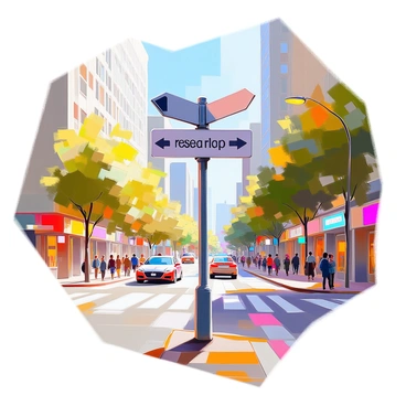 A crossroad sign standing prominently in a bustling city environment. The sign features multiple arrows, with one distinct arrow pointing towards the phrase "research gap." The cityscape in the background is filled with tall buildings, colorful storefronts, and busy pedestrians walking along the sidewalks. The scene captures the dynamic energy of urban life, with cars passing by and trees lining the streets, creating a sense of movement and activity.
