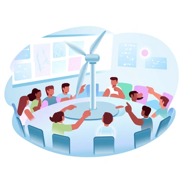 A classroom filled with colorful desks and chairs arranged in groups. In the center of the room is a model wind turbine standing on a table, with its blades poised for action. Around the model, several children are gathered, showing keen interest in the turbine. Some children are pointing at the turbine, while others are discussing amongst themselves with excitement. On the walls, there are posters about renewable energy, showcasing images of solar panels and the sun. The ambient light in the room creates a vibrant atmosphere conducive to learning.