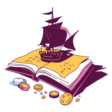 A duotone illustration depicts a pirate ship with a billowing black sail, emerging dramatically from the pages of an open book, which rests on a wooden table. The ship's hull is a rich dark color, detailed with gold accents that shimmer in the light. The book's pages are slightly curled, revealing a treasure map that is partially unfurled, showing a dotted line leading to an "X" marking the treasure's location. Surrounding the book, there are scattered gold coins and sparkling jewels, glinting under the surrounding illumination. The background hints at a mysterious atmosphere, with shadows playing around the objects, enhancing the intrigue of the scene.