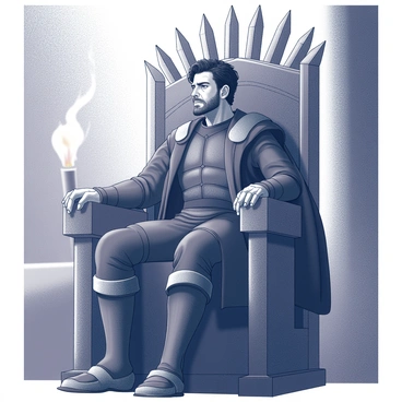 A man with dark hair and a rugged appearance is seated on a large, imposing throne made of iron swords. His expression shows a deep conflict, with furrowed brows and a pensive gaze directed downward. The throne is massive, dominating the space around him. In the background, there are hints of a dimly lit hall, with shadows cast from flickering torches. The atmosphere is tense, emphasizing the weight of his responsibilities. His attire consists of dark, layered clothing that suggests both nobility and a warrior's readiness.