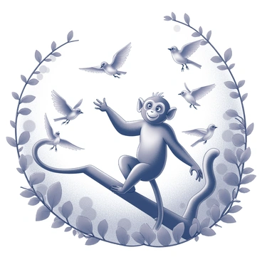 A gibbon is depicted in a lively scene, perched on a branch in a dense forest. The gibbon has a cheerful expression, with its arms outstretched as it interacts with a flock of small birds. Several birds are fluttering around the gibbon, with their wings spread. The birds are various shapes and sizes, creating a dynamic atmosphere. The foliage surrounding them is lush, with a variety of leaves and branches framing the scene. The composition emphasizes the gibbon and its playful interaction with the birds.