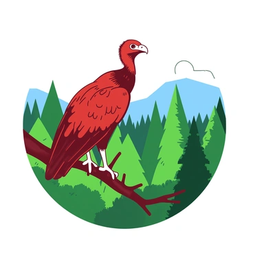 A red turkey vulture is perched on a brown pine tree branch. The bird has its wings slightly spread, showcasing its dark feathers. Below, there is a lush green forest filled with various shades of foliage. In the distance, hints of a tranquil blue sky peek through the trees. The scene captures the vulture in a moment of watchfulness over the vibrant landscape below.