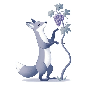 A clever fox standing on its tiptoes, stretching its neck towards a bunch of grapes hanging from a vine. The fox has a bushy tail and perked ears, demonstrating its focus and determination. The grapes dangle just out of reach, surrounded by lush green leaves of the vine. The setting includes a soft ground beneath the fox's paws, suggesting a natural environment with elements of foliage nearby.