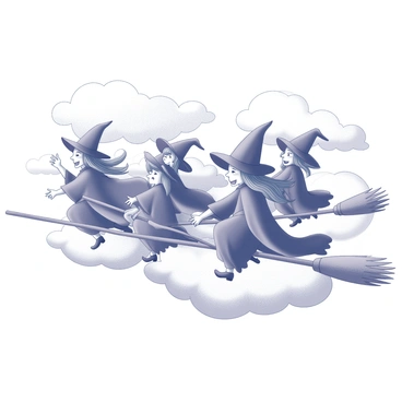 Several young witches are riding broomsticks in a lively race. They are dressed in vibrant witch costumes, with pointed hats and capes fluttering as they soar through fluffy clouds. The witches are laughing and smiling, showcasing a sense of camaraderie and excitement. The background is filled with soft, white clouds, creating a playful atmosphere as the broomsticks zip through the air.