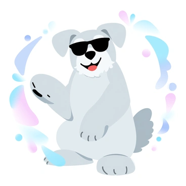 A cool dog with fluffy fur is wearing dark sunglasses, sitting upright in a relaxed pose. The dog has its front paw raised slightly, exuding confidence. The background features a playful arrangement of colorful geometric shapes in gradient pastel colors, creating a vibrant atmosphere. The scene captures the dog's playful spirit and stylish appearance.