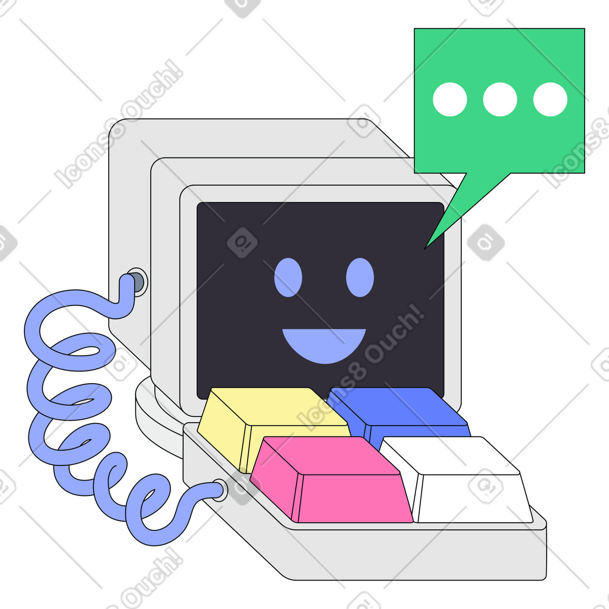 Conversational AI on vintage interface, Chatbot interaction via desktop terminal, Digital assistant on keyboard interface illustration in Teko style download in PNG, SVG
