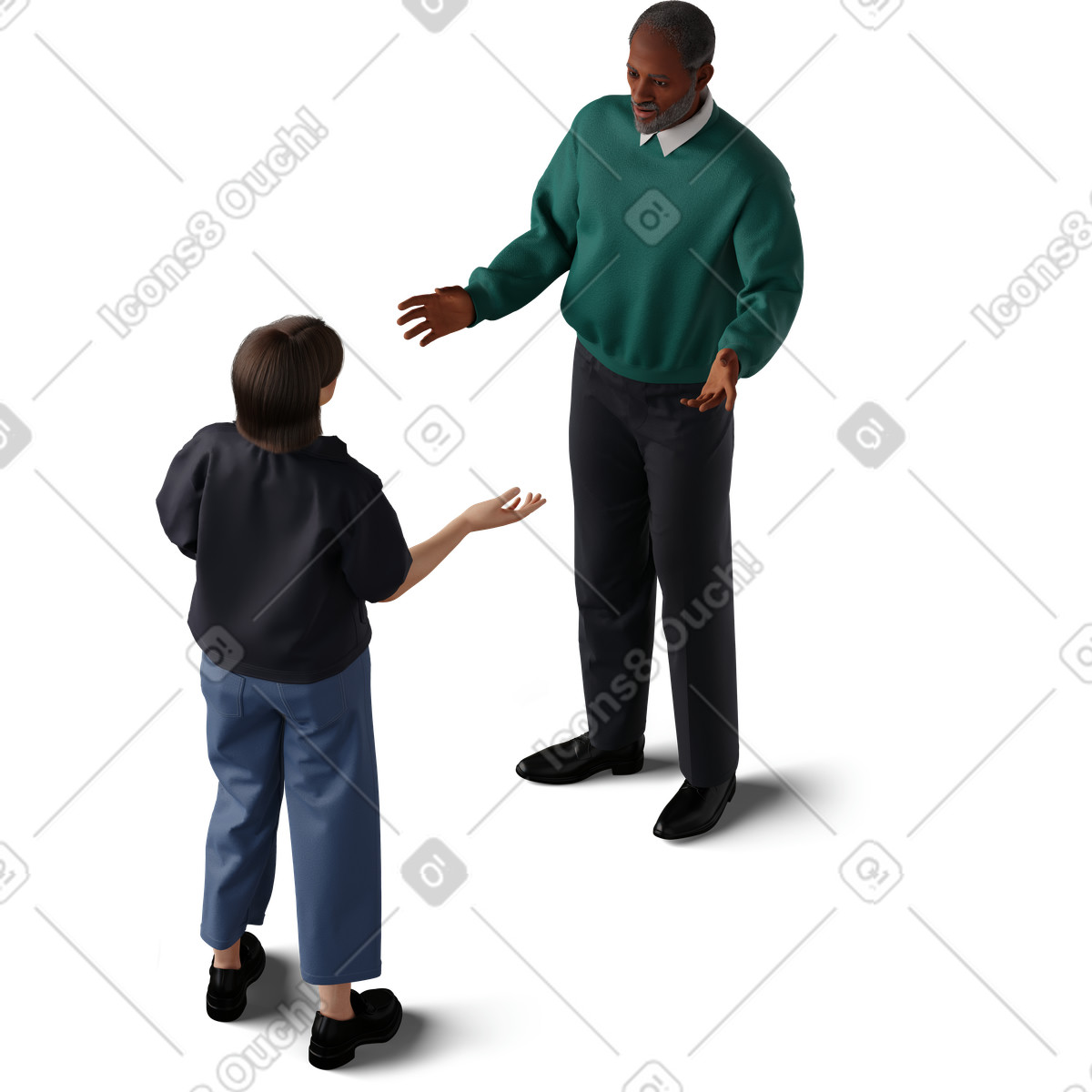 Isometric view of young woman and man talking illustrazione in stile 3D Hygge scarica in PNG, SVG