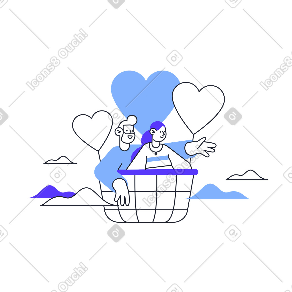 Man and woman flying on balloon with hearts illustration in Pablita style download in PNG, SVG