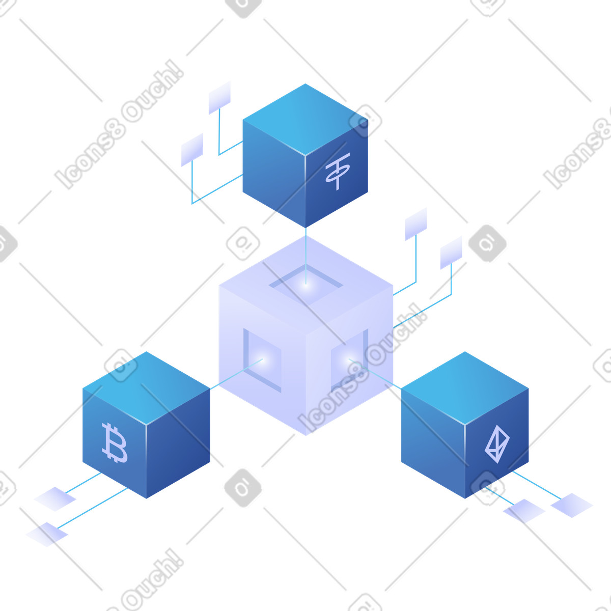 Interconnected blockchain cubes illustration featuring crypto logos, a detailed clipart for finance systems in PNG
