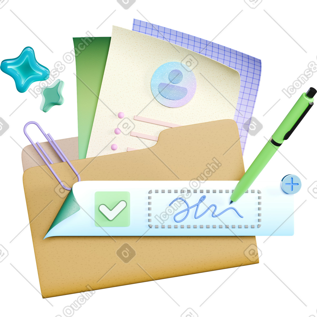 3D Business スタイルの Signature approval on document folder with pen and checkmark icon のイラストをPNG、SVG形式でダウンロード