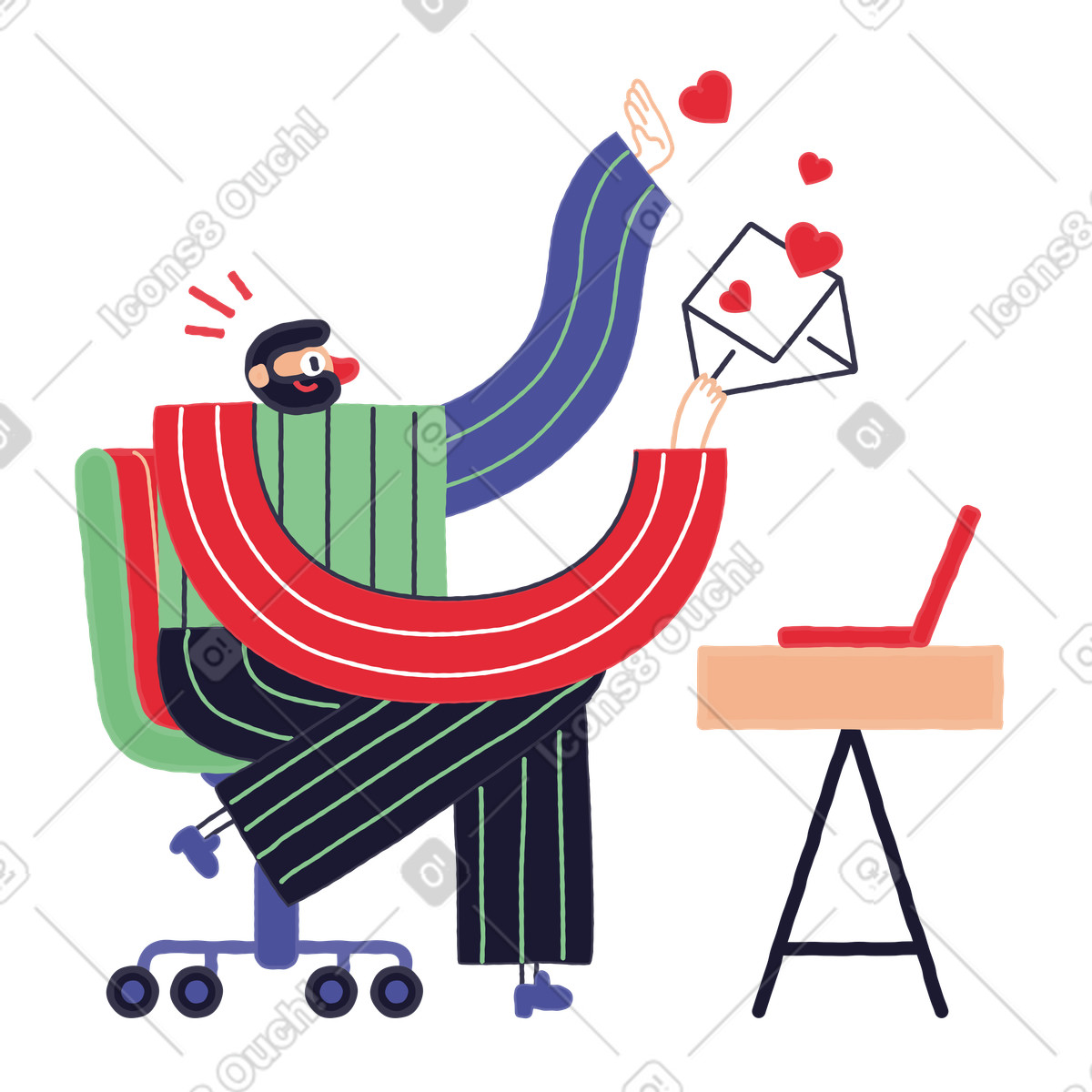 Illustration L'homme est assis sur une chaise et tient lettre d'amour avec des coeurs qui s'envolent dans le style Stripy à télécharger aux formats PNG, SVG