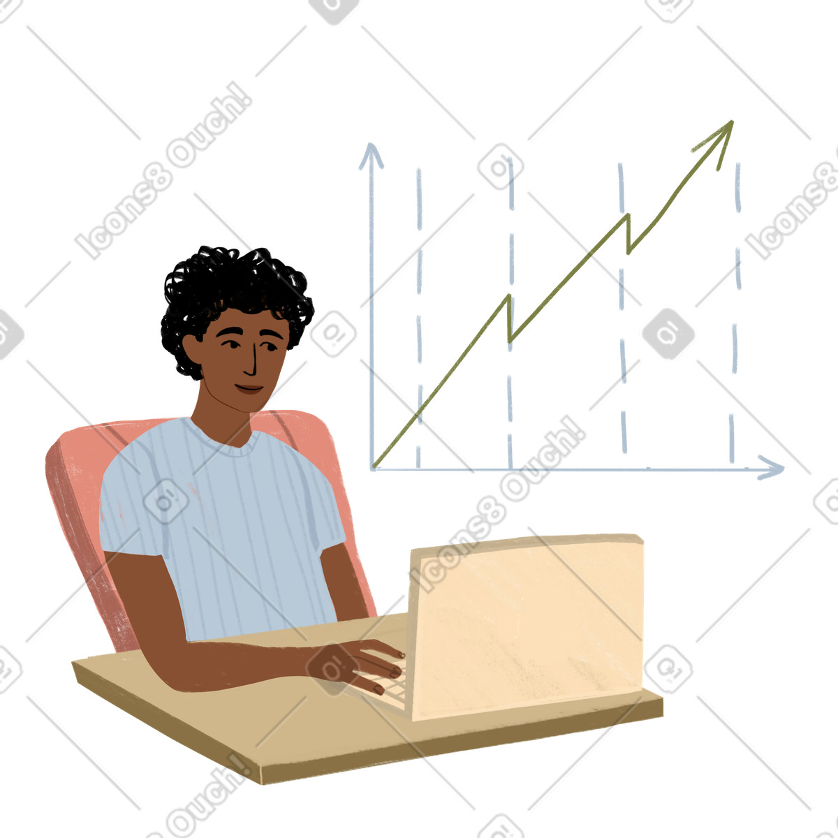 Ilustração de Homem sentado com laptop e olhando para gráfico crescente em no estilo Lumiere baixar em PNG, SVG