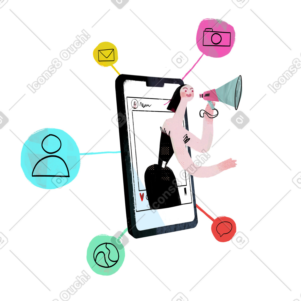 Frau mit megafon im social-media-post-frame-Illustration Fabulous-Stil als Download in PNG, SVG