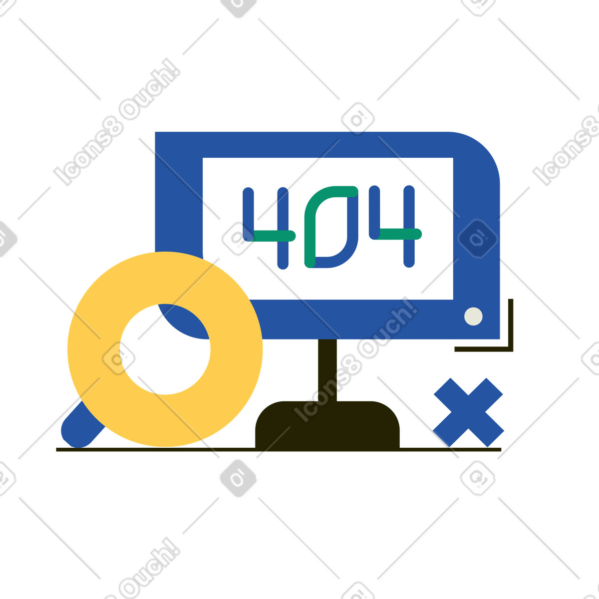 Monitor displaying 404 error with magnifying glass, Website not found page concept illustrazione in stile Spot scarica in PNG, SVG