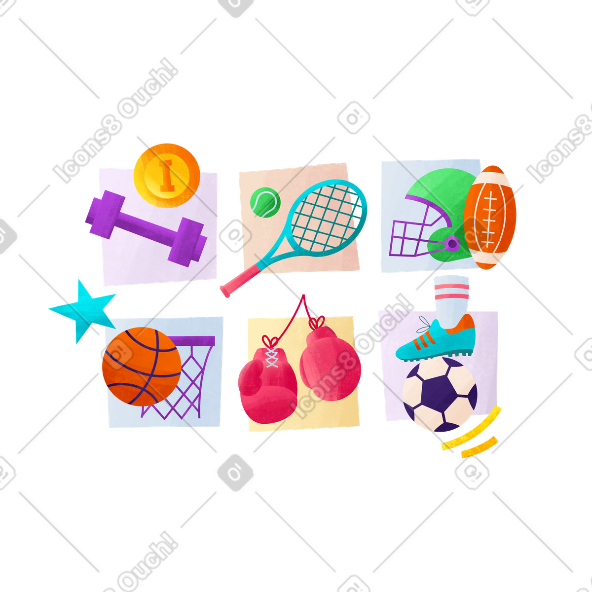 Illustration Olympic Games: weightlifting, tennis, rugby, basketball, boxing, football dans le style Bonbon à télécharger aux formats PNG, SVG