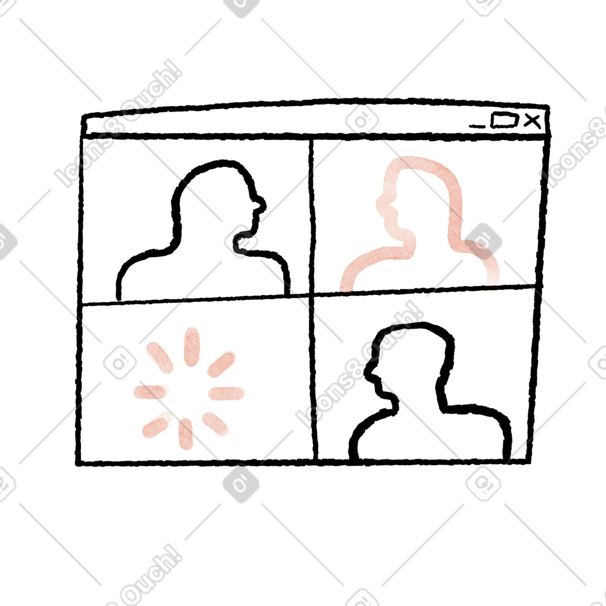 Illustration Videoconference window with three participants and one loading connection icon dans le style Anthropic Claude Hand Drawn à télécharger aux formats PNG, SVG