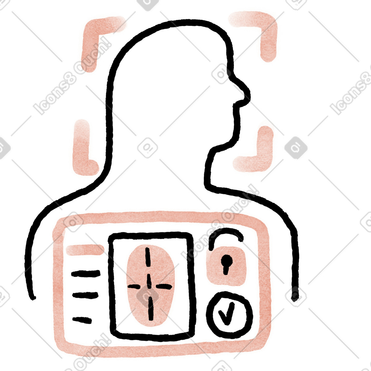 Privacy biometric login verification screen over human silhouette outline illustrazione in stile Anthropic Claude Hand Drawn scarica in PNG, SVG