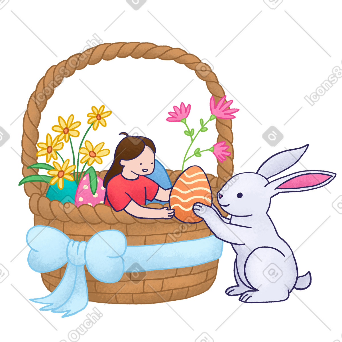 Girl and bunny collecting easter eggs in a basket illustration Hue style download PNG, SVG