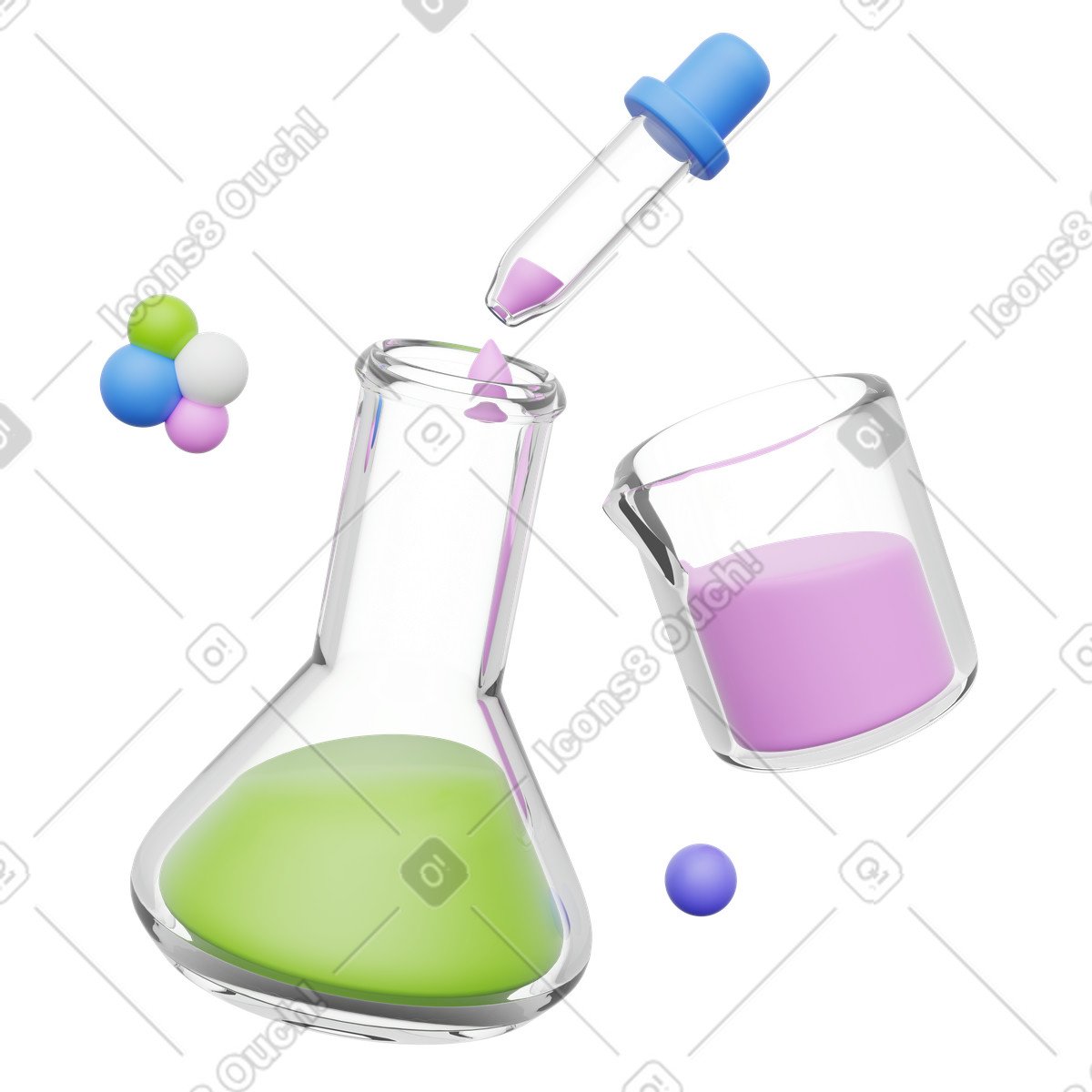 Chemical reaction, Science experiment, Laboratory testing, Mixing liquids in glassware illustration 3D Playful style download PNG, SVG