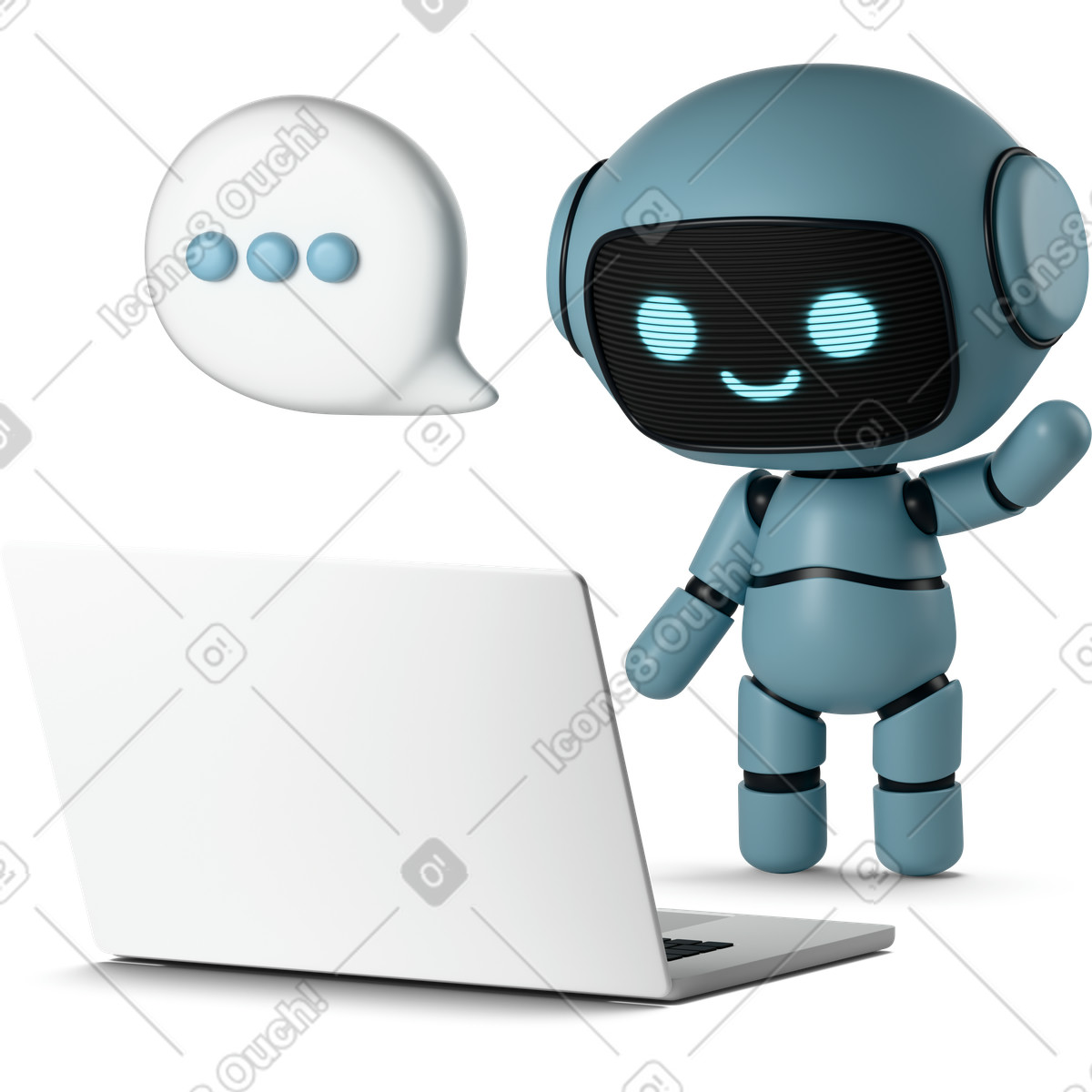 Ilustración Cute robot using laptop en estilo 3D Casual life a descargar en PNG y SVG
