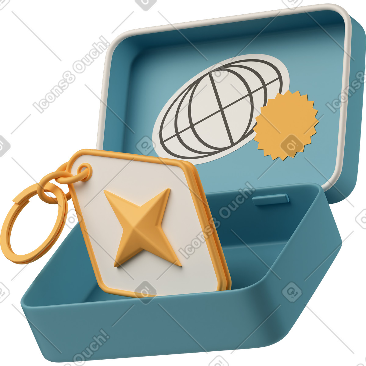 Keychain star badge reward inside open gift box packaging concept-Illustration im 3D Casual life-Stil als Download in PNG, SVG