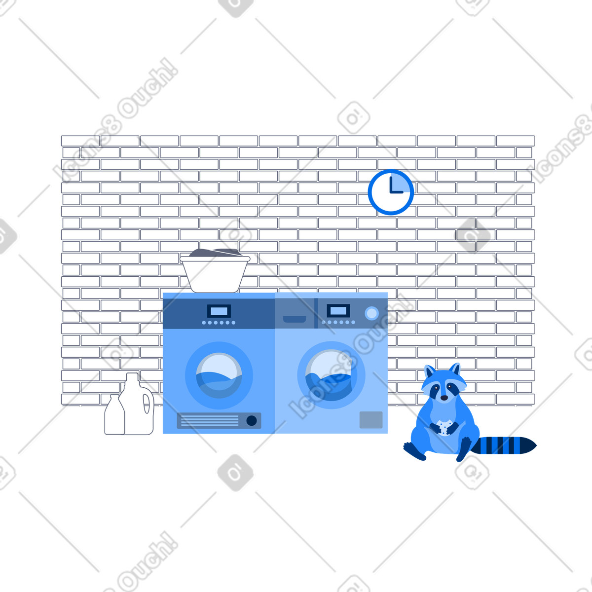 Laundry room with raccoon waiting, Laundry in progress or come back later illustration in PNG, SVG