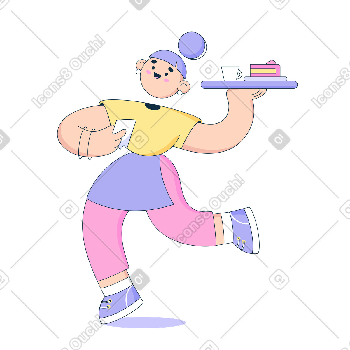 Merry waitress carries a cup and cake illustration in Bubble gum style download in PNG, SVG