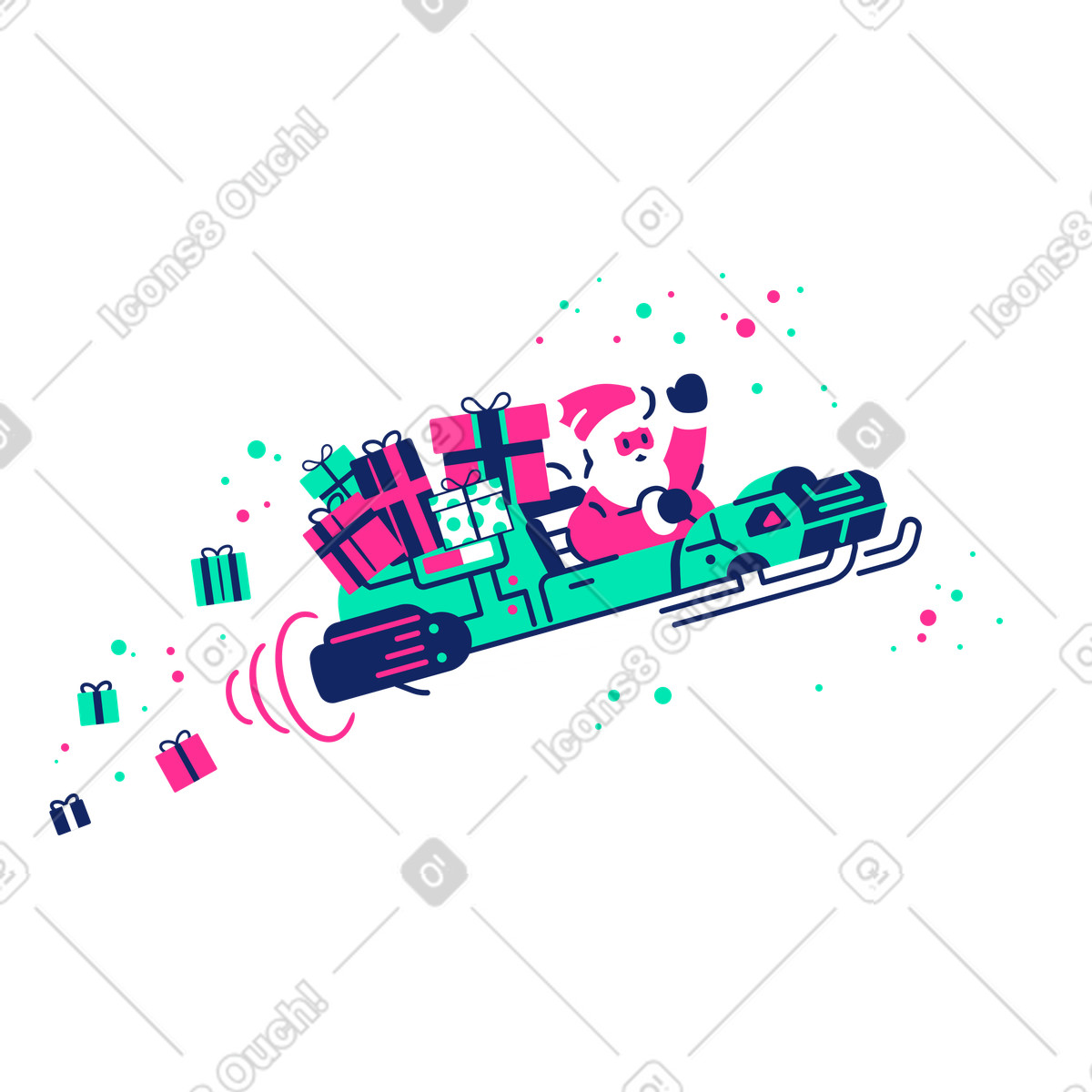 Cyborg スタイルの Santa delivering gifts in sleigh, Christmas night のイラストをPNG、SVG形式でダウンロード