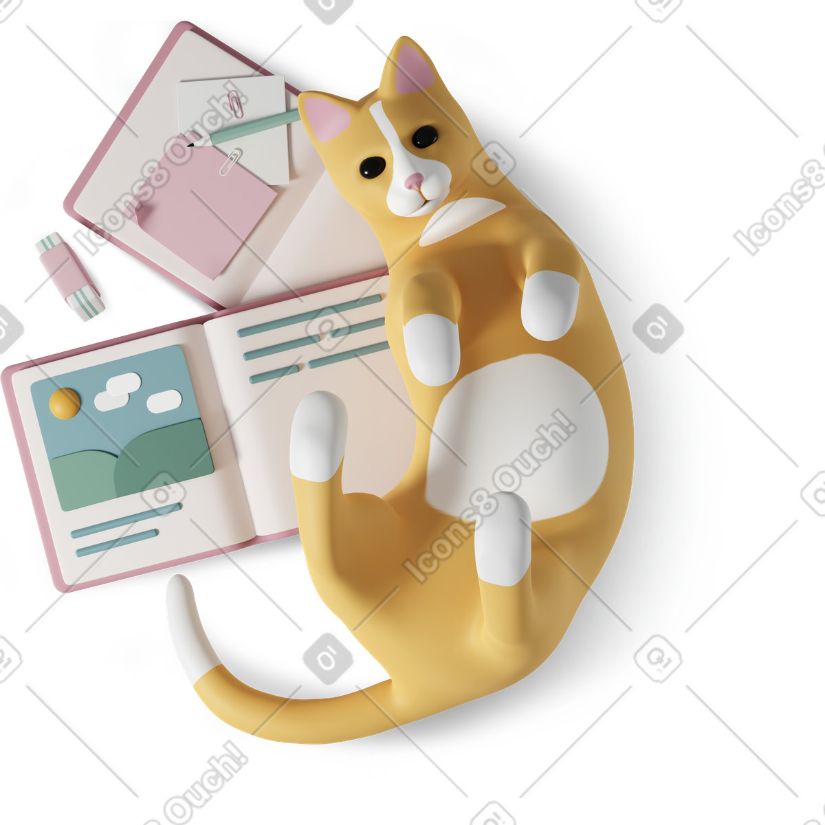 3D Casual life 스타일의 Cat lies on open books 일러스트레이션 PNG, SVG 다운로드