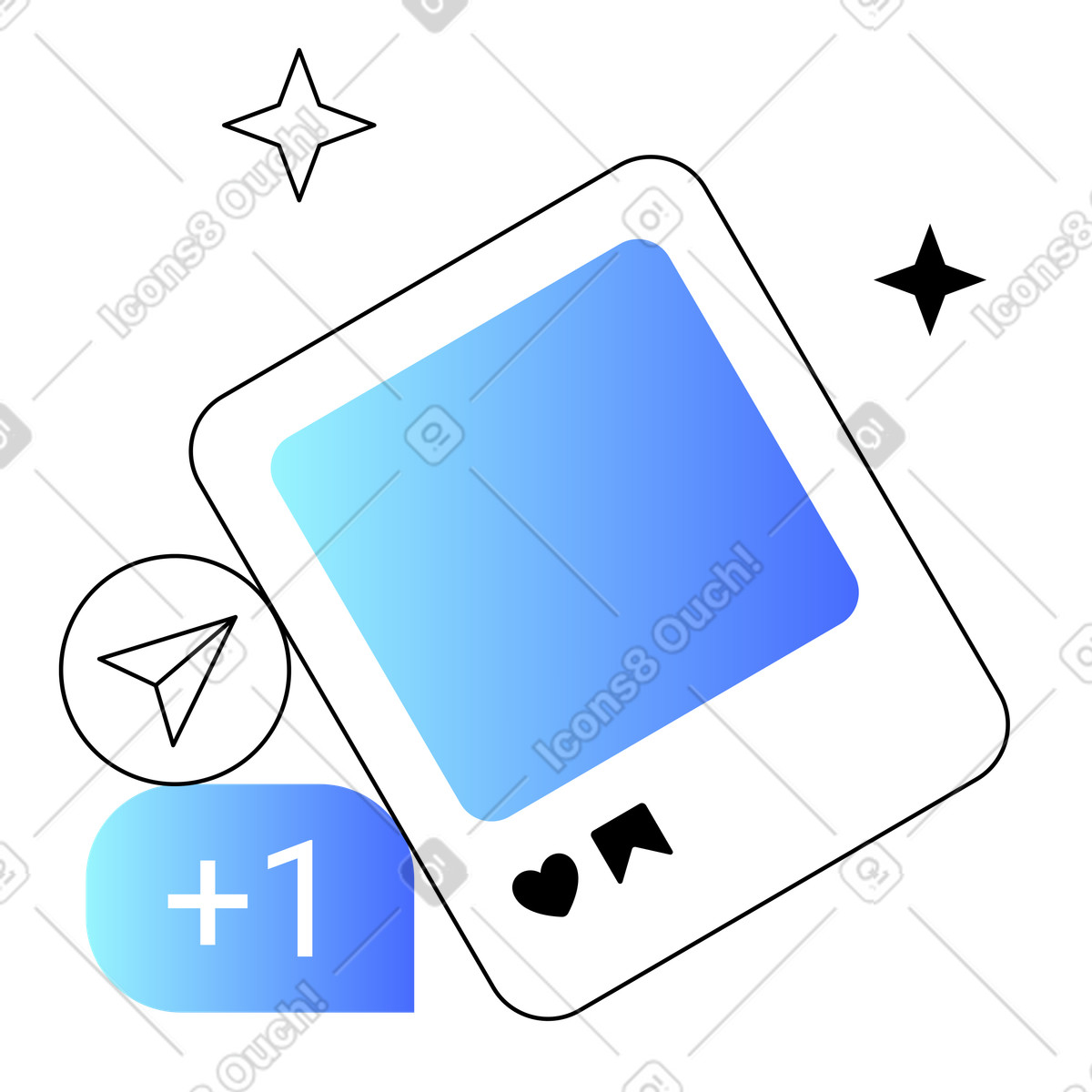 Social media post with share and +1 icons, sharing user engagement illustration in Azure style download in PNG, SVG