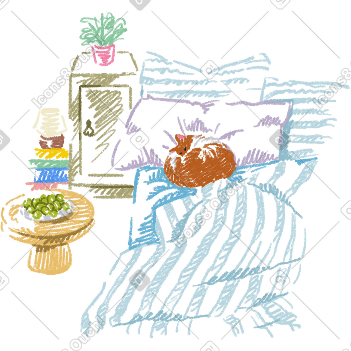 Cat sleeping on the bed illustration in Sketchbook style download in PNG, SVG