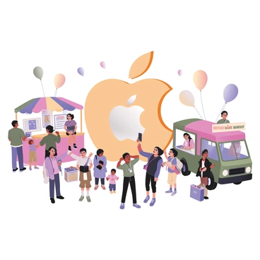 A digital flat illustration depicting a lively community event hosted by Apple. In the center, there is a large "Apple" logo in bright colors. Surrounding the logo are various activity booths with colorful canopies. One booth features children engaging in a coding activity, while another showcases a station where participants are testing out new Apple products. There are people of diverse backgrounds interacting and enjoying themselves. A food truck is parked nearby, serving snacks with a banner that reads "Free Treats!". Balloons in different colors are floating above the event, and a group of friends is taking a selfie in front of the logo, smiling and posing.