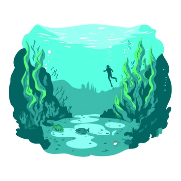 A teal underwater scene shows vibrant green kelp swaying gently with the ocean currents. Sunlight filters through the water, casting intricate patterns on the sandy ocean floor. Various fish can be seen swimming amidst the kelp, creating a lively atmosphere. Bubbles rise to the surface, adding to the sense of movement in the water. In the distance, a silhouette of a diver can be seen, and musical notes appear to flow from the kelp, visually representing the symphony created by the ocean's rhythm.