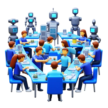 A high-tech training laboratory filled with students actively assembling various robots. The students are focused on their tasks, using tools such as screwdrivers and wrenches. Tables are cluttered with robot parts, including metal frames, circuit boards, and wires. Bright LED lights illuminate the workspace, highlighting the intricate designs of the robots. Some students are working in groups, collaborating and discussing ideas, while others are working independently on their projects. Various completed robots stand on display in the background, showcasing different shapes and sizes.