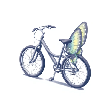 A bicycle stands upright, its frame sleek and metallic. The transformation is apparent as the wheels begin to morph, expanding outward into intricate, colorful wings reminiscent of a butterfly's. The wings have detailed patterns that mimic the delicate textures found in nature. The bicycle maintains its recognizable form, with handlebars positioned horizontally, while the seat is slightly elevated, creating a dynamic sense of movement. The scene captures the moment of change, merging the mechanical structure with the organic beauty of a butterfly.