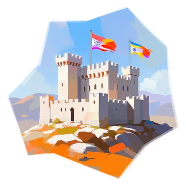 A large stone castle with tall, imposing towers and thick walls stands prominently in the foreground. The castle is adorned with numerous national flags fluttering as banners from its turrets, representing various nations. Each flag is brightly colored and distinct, showcasing the symbols of its country. The castle overlooks a vast landscape, with rolling hills in the background. The sky is a clear blue, providing a stark contrast to the stone structure, which conveys a sense of strength and fortification. The flags wave gently in the wind, adding a dynamic element to the scene.