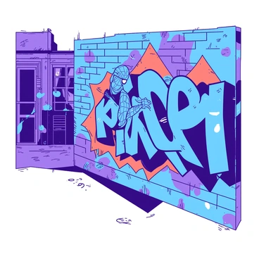 A vibrant blue graffiti mural of "Spider-Man" is painted on a weathered brick wall in an urban alley. The mural showcases "Spider-Man" in a dynamic pose, swinging through the air with his web-shooters extended. The background features an array of abstract shapes in contrasting orange and purple hues, enhancing the sense of motion. The wall has patches of peeling paint and hints of other graffiti, adding to the urban aesthetic of the scene.