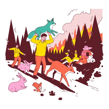 A group of rescue workers in bright yellow uniforms are assisting various animals to escape a burning forest. One worker is gently lifting a small teal fox into their arms, while another worker is guiding a frightened orange deer down a narrow path away from the flames. In the background, thick smoke billows in the air, and the trees are engulfed in flickering orange flames. Several other animals, including a pink rabbit and a white owl, are seen running towards safety, with the workers actively providing support and direction. The scene conveys urgency as the workers collaborate to save the animals from the danger of the fire.