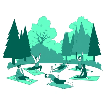 A teal outdoor yoga class is taking place in a white forest clearing. Several participants are practicing different yoga poses, including a person in a warrior pose and another in a downward dog position. The trees surrounding the clearing are tall and lush, with sunlight filtering through the leaves. Some participants have mats in various colors spread out on the ground, while others are barefoot on the grass. The atmosphere appears calm and focused as everyone is immersed in their practice.