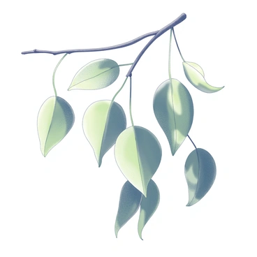 A cluster of green leaves hangs from a slender branch. The leaves are in various shapes and sizes, with some displaying defined veins. They sway softly as a gentle breeze passes through, creating a sense of movement. The sunlight filters through the foliage, casting intricate shadows on the surface below. The scene conveys a tranquil atmosphere, highlighting the delicate interaction between the leaves and the wind.