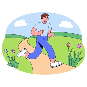 A runner in a light blue athletic outfit jogging along a narrow dirt path. The runner has short brown hair and is wearing white running shoes. The path is surrounded by lush green pastures with tall grass swaying gently in the breeze. In the background, there are a few clusters of wildflowers adding pops of color to the vibrant landscape. The sky above is clear with a few fluffy white clouds.