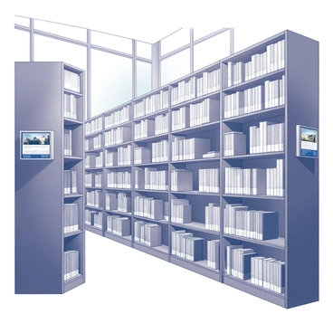 A library filled with tall wooden shelves, each packed with books of various sizes and thicknesses. The shelves are arranged in neat rows, creating narrow aisles for easy navigation. Several digital screens are mounted on the walls, displaying vivid images and text that represent past events and future predictions. Some screens are showing historical moments, while others feature futuristic scenarios. The library has a high ceiling, with large windows allowing natural light to illuminate the space, creating a warm atmosphere conducive to reading and learning.