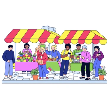 A bustling street market filled with colorful stalls displaying a variety of fresh fruits, vegetables, and handmade goods. Each stall has vibrant canopies in shades of red, yellow, and green. People of diverse backgrounds are smiling and interacting as they browse the items. Some are carrying shopping bags filled with their purchases, while others are chatting with vendors. The ground is paved with cobblestones, and small potted plants are placed near the stalls, adding greenery to the scene.