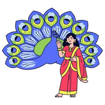 A peacock with vibrant, iridescent feathers fully spread out, showcasing a dazzling array of blues, greens, and golds. Beside the peacock stands Goddess Lakshmi, depicted in a flowing, ornate red and gold sari. She has a gentle smile and is adorned with intricate jewelry, including a necklace and earrings. In one hand, she holds a lotus flower, while her other hand is raised in a gesture of blessing. The peacock’s feathers create a striking backdrop, emphasizing the richness of the scene.